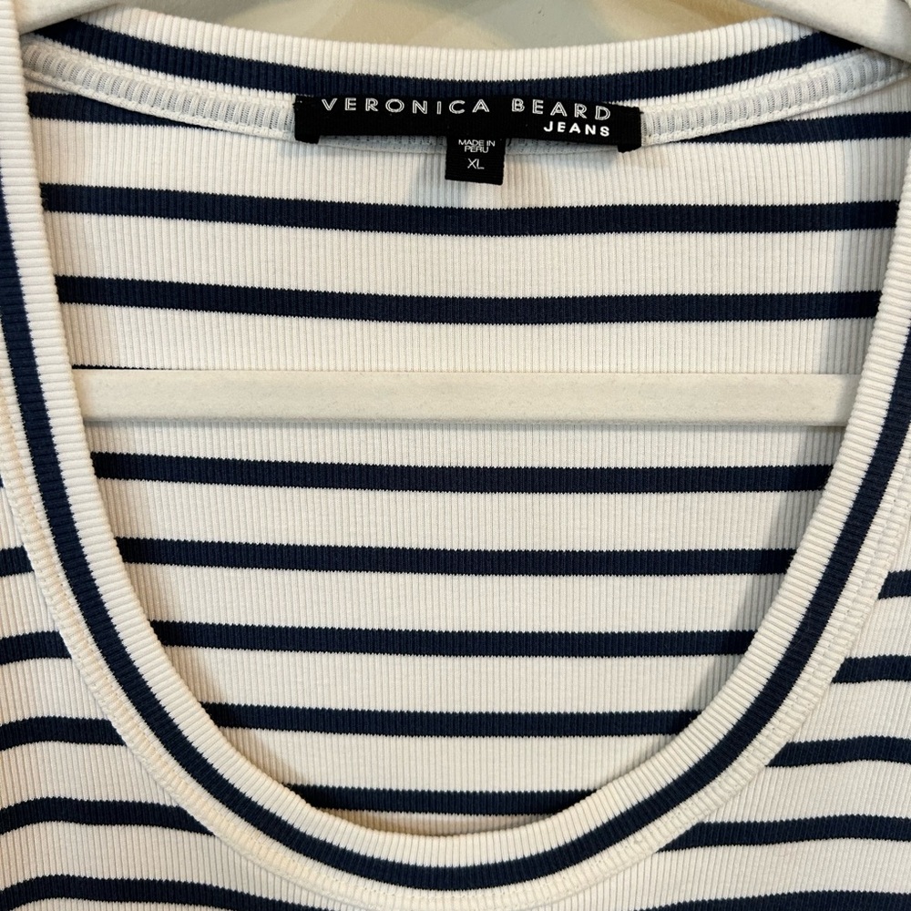 Veronica Beard Cream and Navy Striped Puff-Sleeve Knit Top - Picture 3 of 6